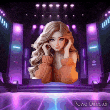 a girl in an orange sweater is standing in front of a stage with purple lights behind her
