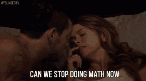 a man and a woman laying in bed with the words can we stop doing math now above them