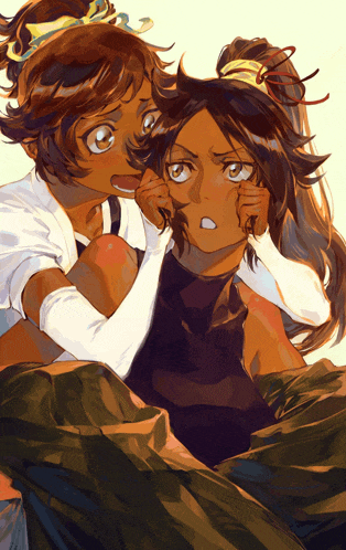 a drawing of two anime characters with one making a face