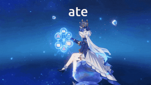 a video game character with the word ate above her head