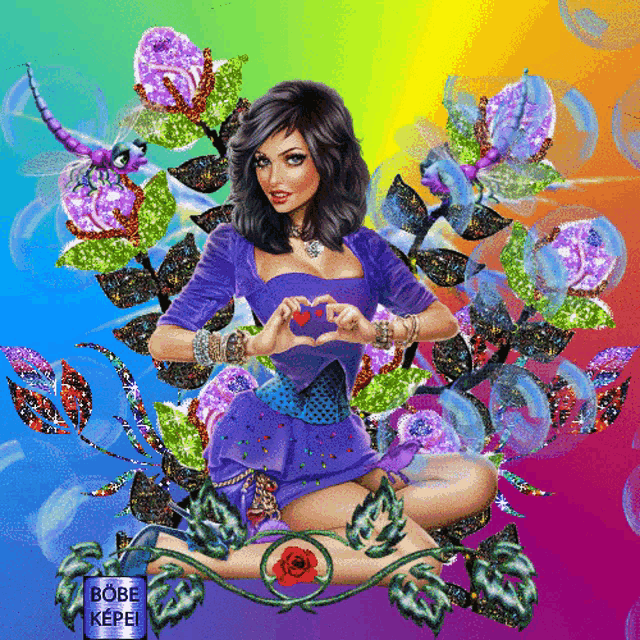 a painting of a woman in a purple dress surrounded by flowers and leaves by robe kopel