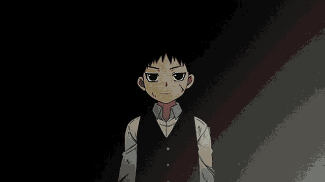 a man stands in front of a monster with red eyes and white teeth