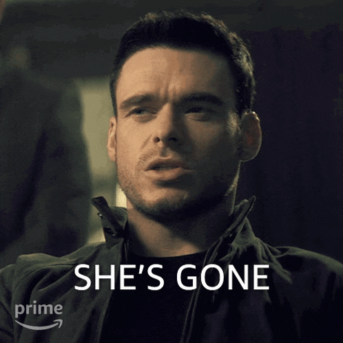 a man in a black jacket says she 's gone on the screen