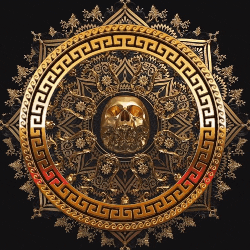 a gold circle with a skull in the center and a greek key pattern
