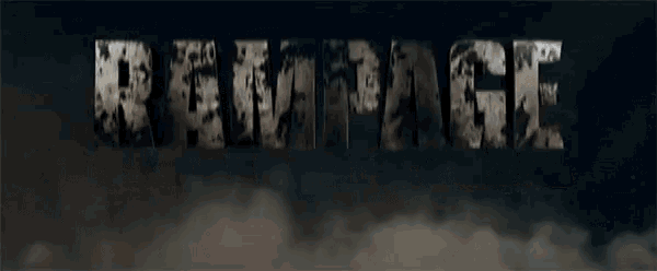 the word rampage is written in rusty metal on a dark background