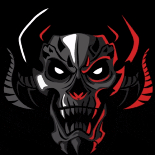 a skull with horns wearing red glasses and making a peace sign