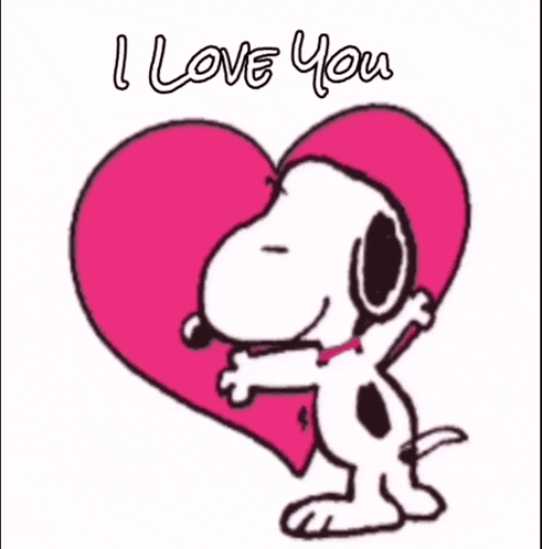 a cartoon of snoopy hugging a pink heart with the words " i love you " above him