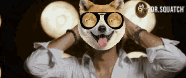 a man wearing a dog mask and sunglasses with the words dr.squatch above him