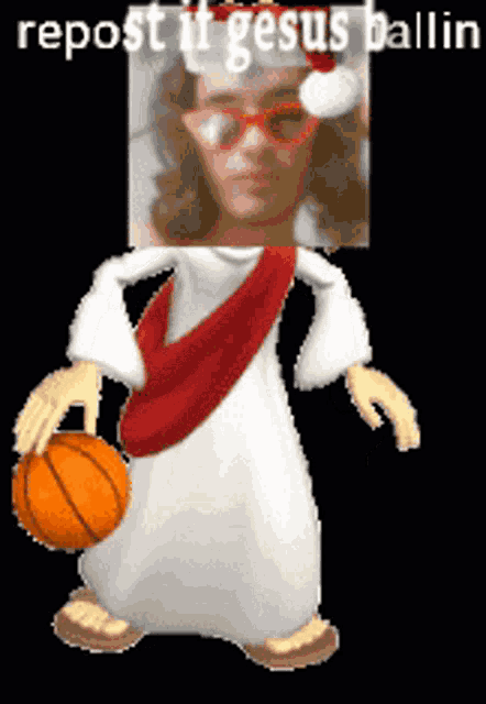 a cartoon of jesus holding a basketball and wearing sunglasses