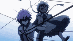 a couple of anime characters standing next to each other with one holding a sword