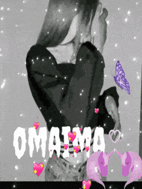 a black and white photo of a girl with the name omaima written in white letters
