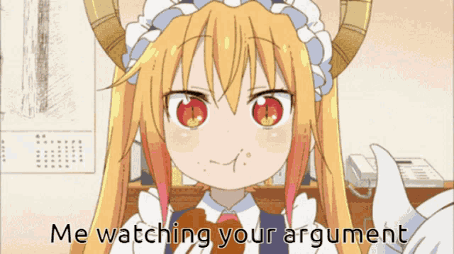 a cartoon girl with horns is giving a thumbs up and says me watching your argument