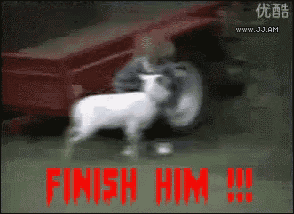 a sheep is being pulled by a tractor with the words finish him in red letters