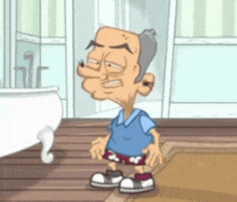a cartoon character is standing in front of a tub
