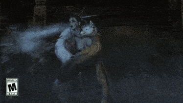 an advertisement for a video game shows a woman with a wolf on her shoulders