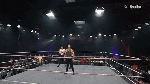 two wrestlers in a wrestling ring with a cube logo in the background