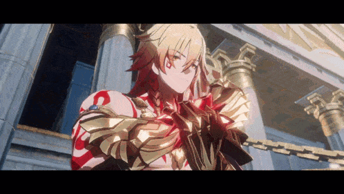 a video game character with gold armor and red sleeves is standing in front of a building .