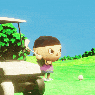 a cartoon character is holding a golf club on a golf course next to a golf cart