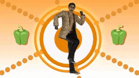a man is dancing in front of a target with green peppers