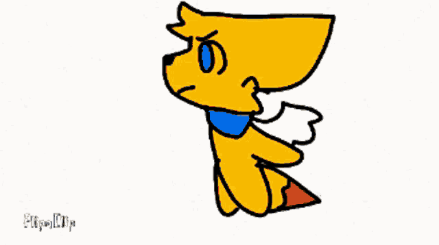a cartoon drawing of a yellow dog with blue eyes and a blue scarf around his neck