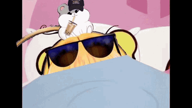 a cartoon character is wearing sunglasses and a hat that says ' boston bruins ' on it