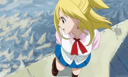 a girl with blonde hair and a red tie is standing on a pier