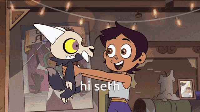 a cartoon of a girl holding a stuffed animal with the word hi seth on the bottom