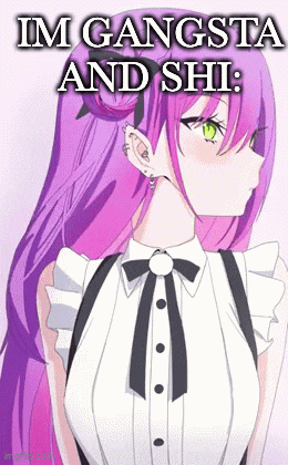 a girl with purple hair and green eyes is wearing a maid outfit and a white shirt .