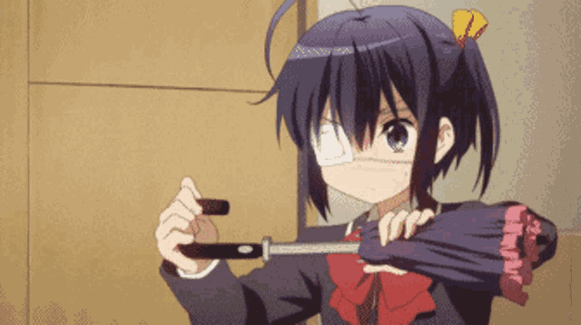 a girl with a bandage on her eye holds a purple umbrella