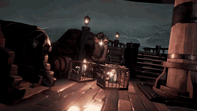 a video game scene with a cannon and a cage with candles on it