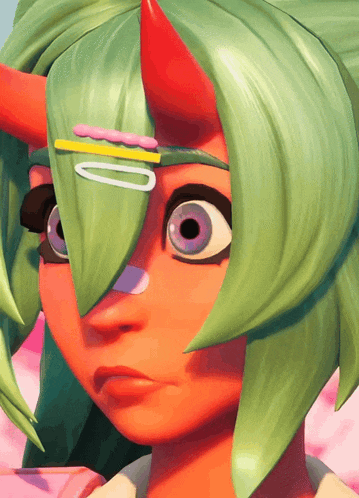 a cartoon girl with green hair and red horns