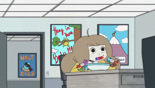 a cartoon of a girl eating cereal in front of a poster that says " hang in there "