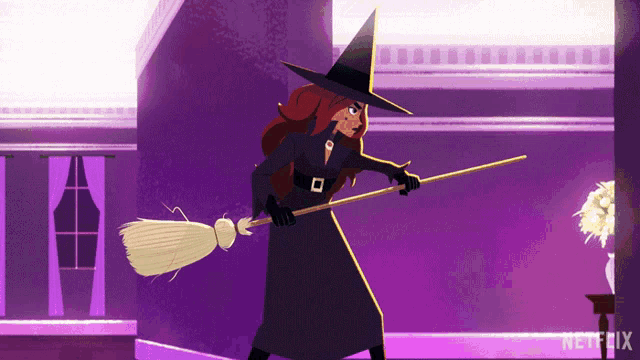 a cartoon of a witch holding a broom with a netflix logo behind her