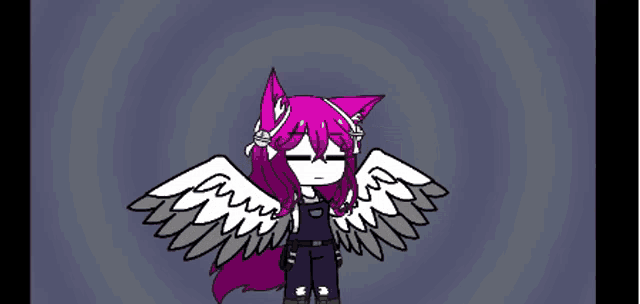 a cartoon of a girl with purple hair and wings .