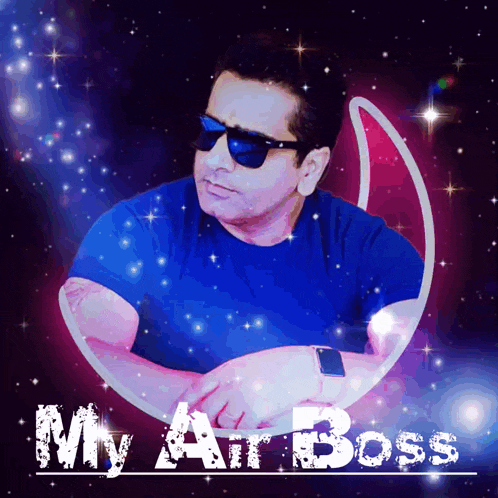 a man wearing sunglasses and a blue shirt is surrounded by the words my at boss