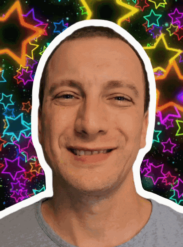 a man 's face is surrounded by colorful stars