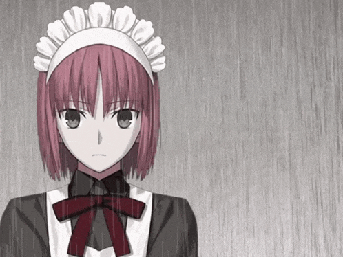 a girl with pink hair wearing a white maid hat