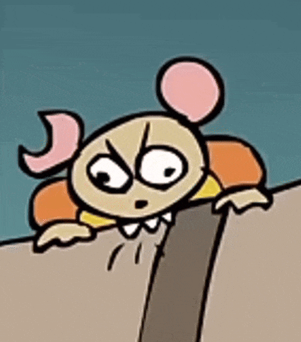 a cartoon mouse is looking over a wall .