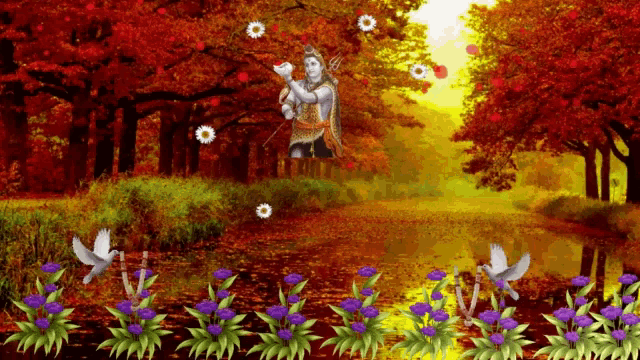 a painting of a man playing a flute in the middle of a forest