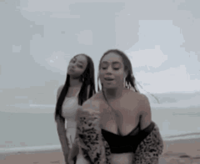 two women are dancing on the beach in front of a body of water .