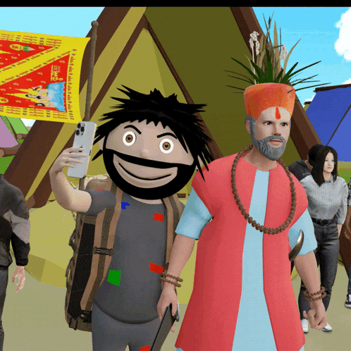 a man taking a selfie next to a cartoon character
