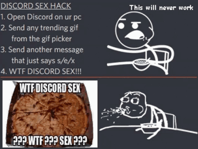 a screenshot of a discord sex hack and a cartoon of a man eating pizza