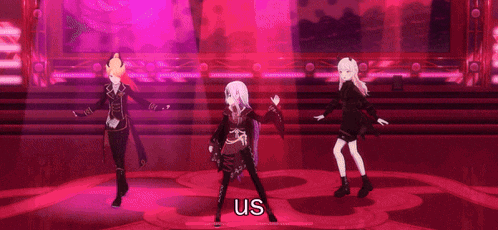 three anime girls are dancing in front of a red curtain and the words us are above them