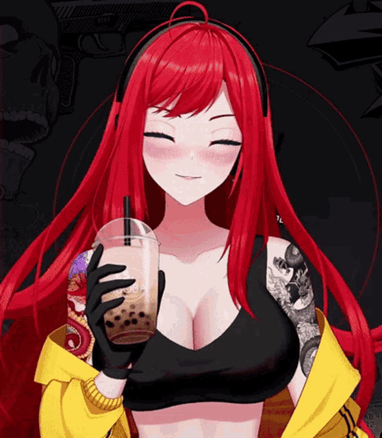 a girl with red hair is holding a cup of coffee with a straw