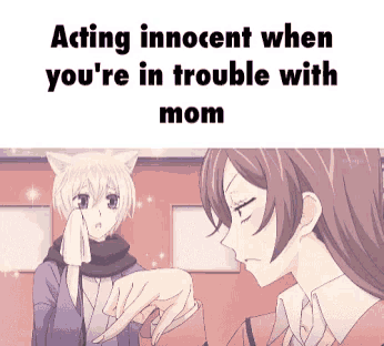 a cartoon of a girl acting innocent when you are in trouble with mom