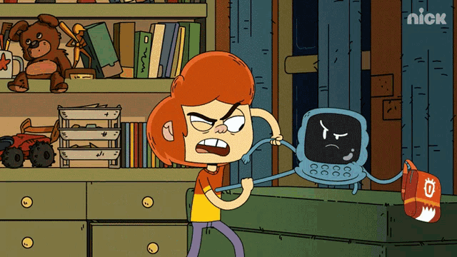 a cartoon of a boy holding a phone with the nick logo on the bottom