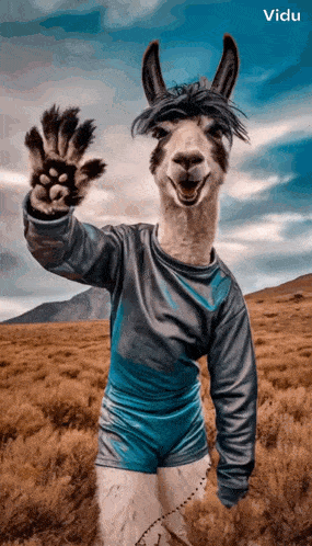 a llama is wearing a blue shirt and shorts and waving