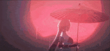 a woman is holding an umbrella in front of a red moon .