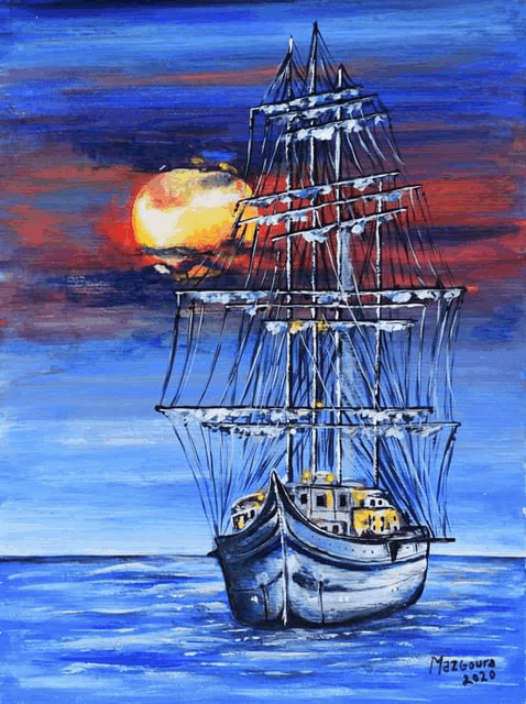 a painting of a sailboat with the name mazgoura on it