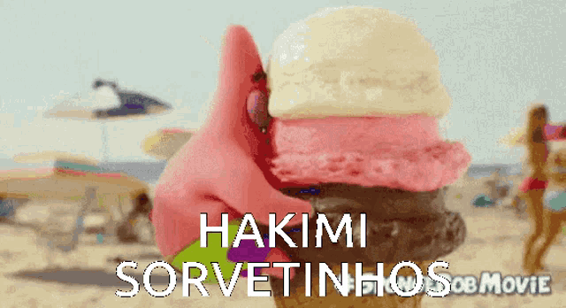 a picture of a spongebob character holding an ice cream cone that says hakimi sorvetinhos on it